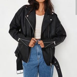 Missguided Black Faux Leather Belted Boyfriend Biker Jacket